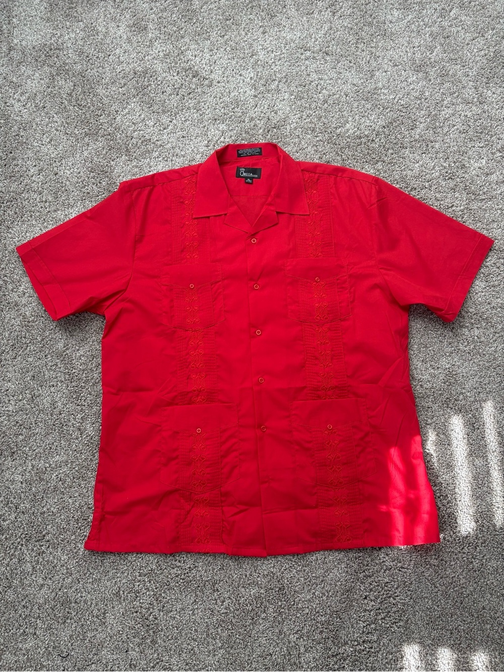 Omega Guayabera-Style Short Sleeve Shirt in Red XL